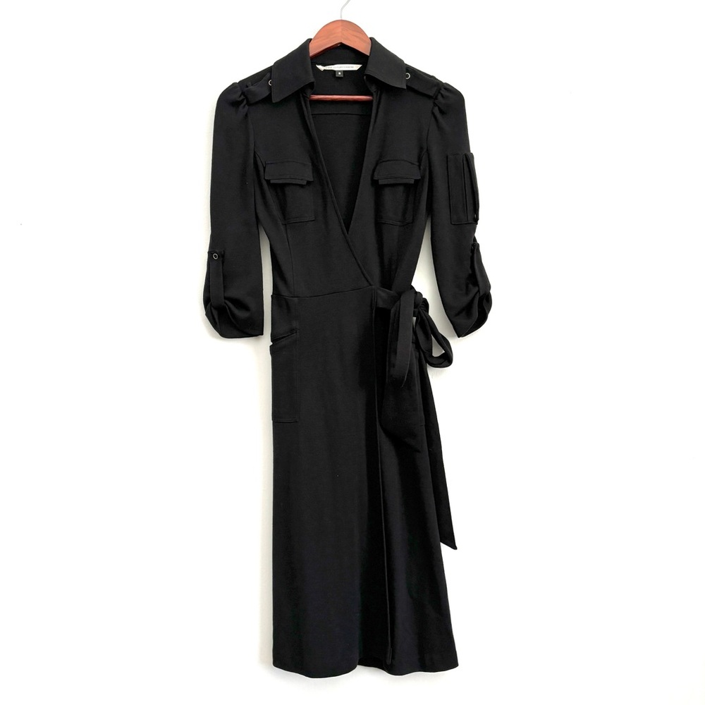 Diane Von Furstenberg Long Sleeve Black Wool Wrap Midi Dress Women’s Size 8